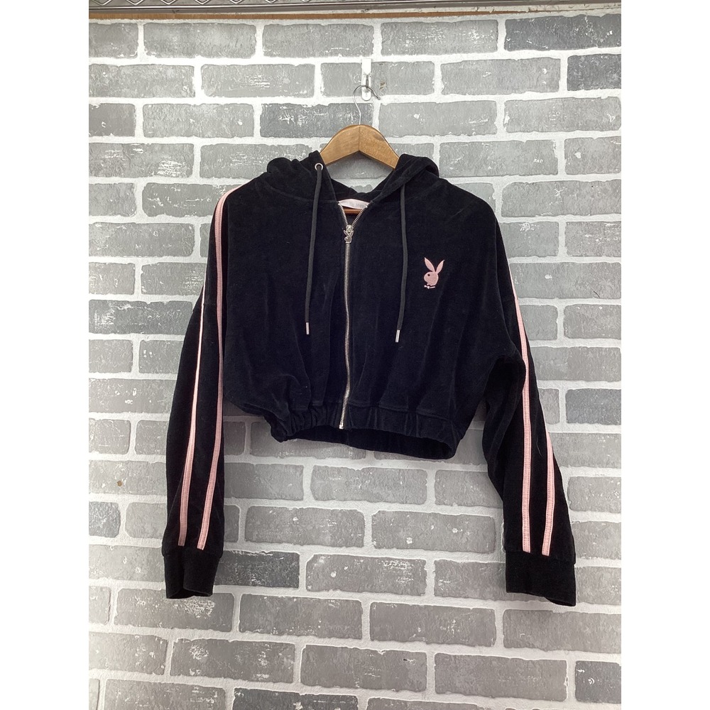 Playboy x Missguided Black Velour Cropped Hoodie Pink Bunny Zip Up Womens US 8